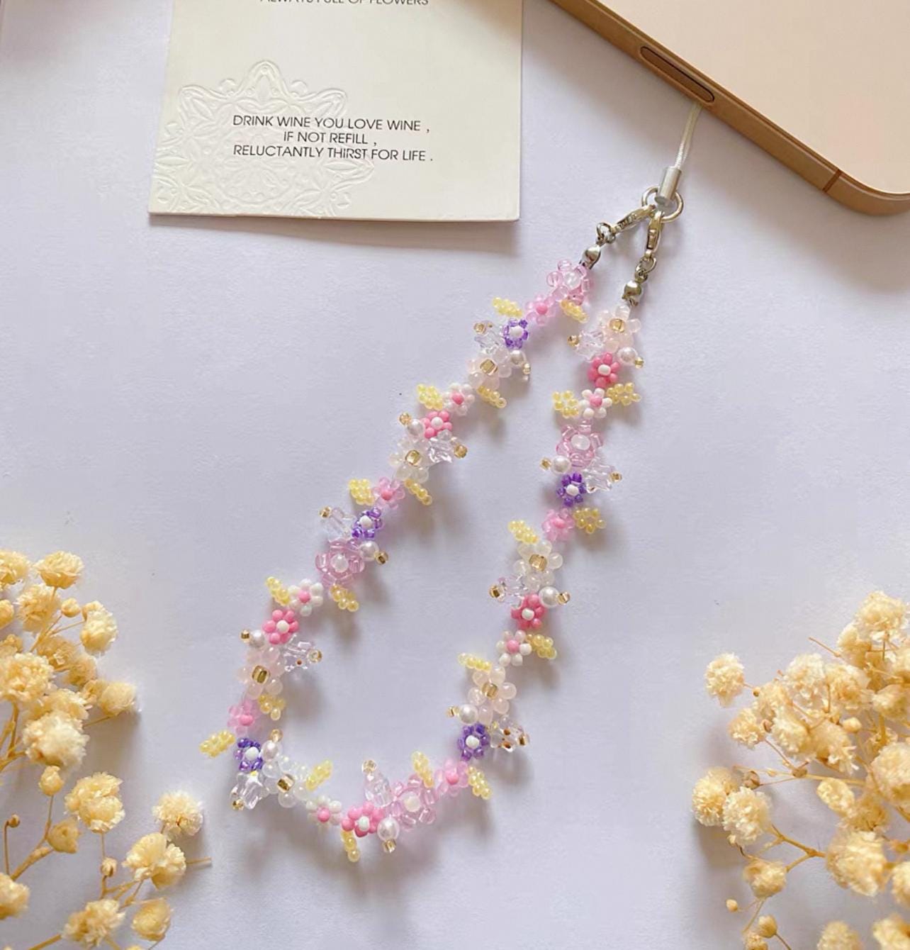 Sakura Phone Charm Strap: Beaded Flower Cell Phone Bracelet