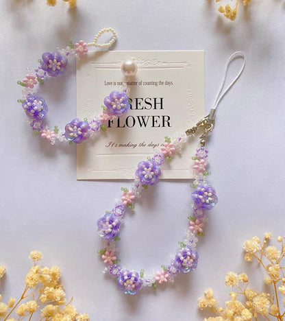 Handmade Purple Rose Beaded Phone Strap Bracelet: Floral Cell Phone Chain