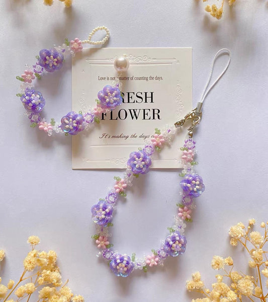 Handmade Purple Rose Beaded Phone Strap Bracelet: Floral Cell Phone Chain