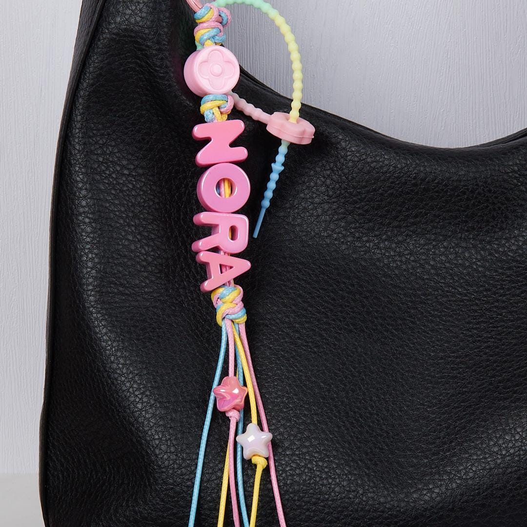 Personalized Name Bag Charm: Pink Acrylic Letters, Braided Rope