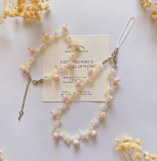 Handmade Cherry Blossom Beaded Phone Charm Strap