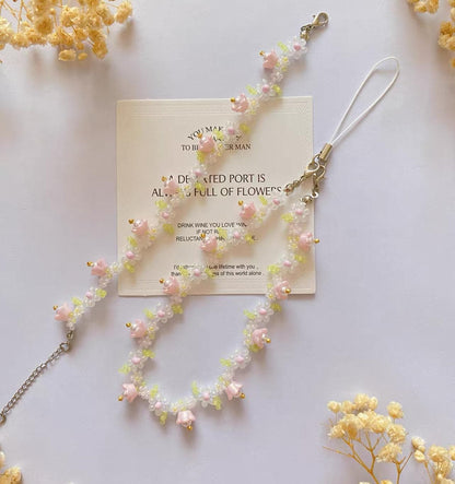 Handmade Cherry Blossom Beaded Phone Charm Strap
