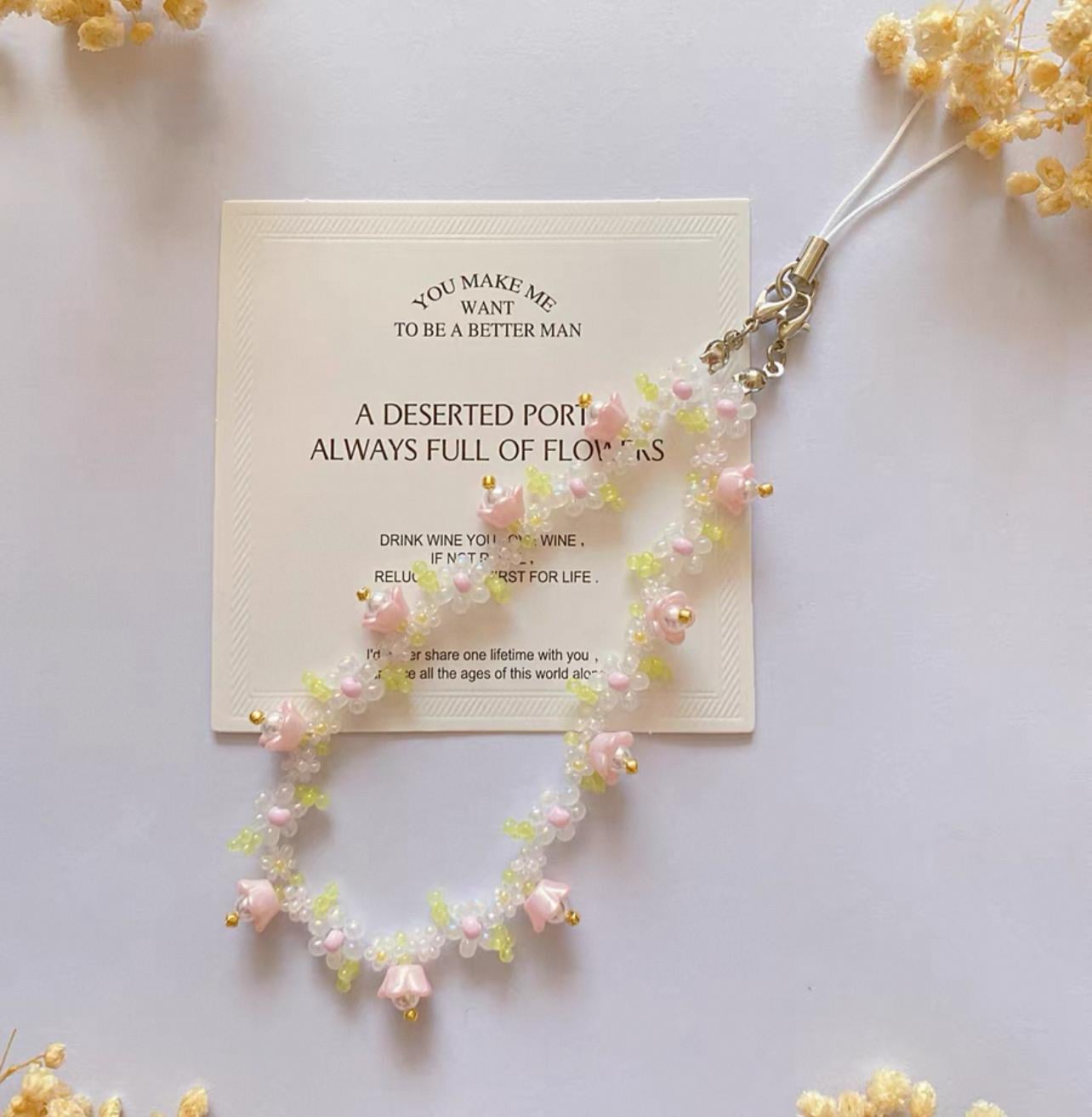 Handmade Cherry Blossom Beaded Phone Charm Strap