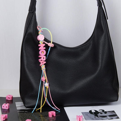 Personalized Name Bag Charm: Pink Acrylic Letters, Braided Rope