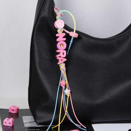 Personalized Name Bag Charm: Pink Acrylic Letters, Braided Rope