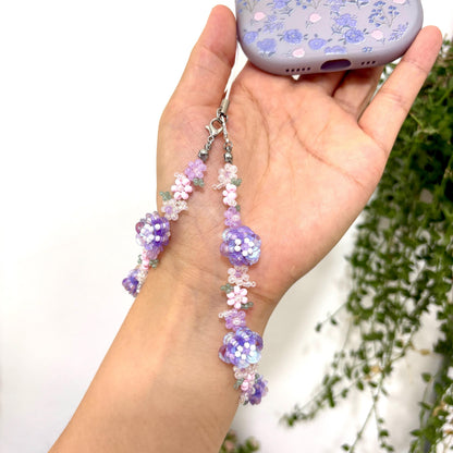 Handmade Purple Rose Beaded Phone Strap Bracelet: Floral Cell Phone Chain