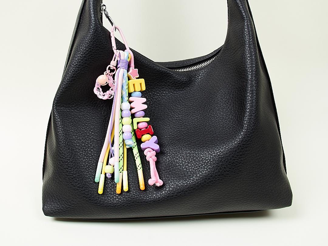 Custom Name Bag Charm, Colorful Acrylic Letter & Rope, Diaper Bag Accessory