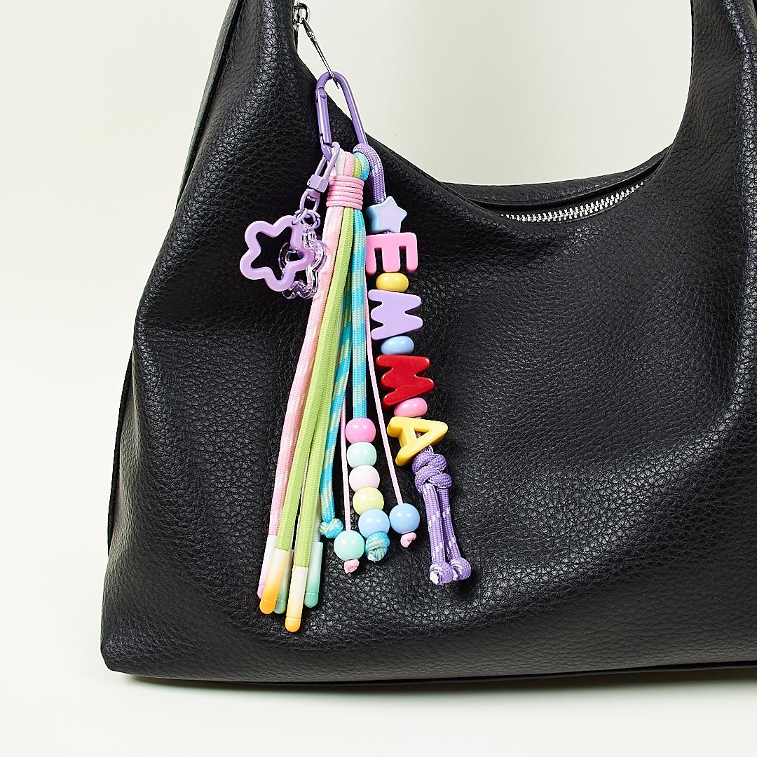 Custom Name Bag Charm, Colorful Acrylic Letter & Rope, Diaper Bag Accessory