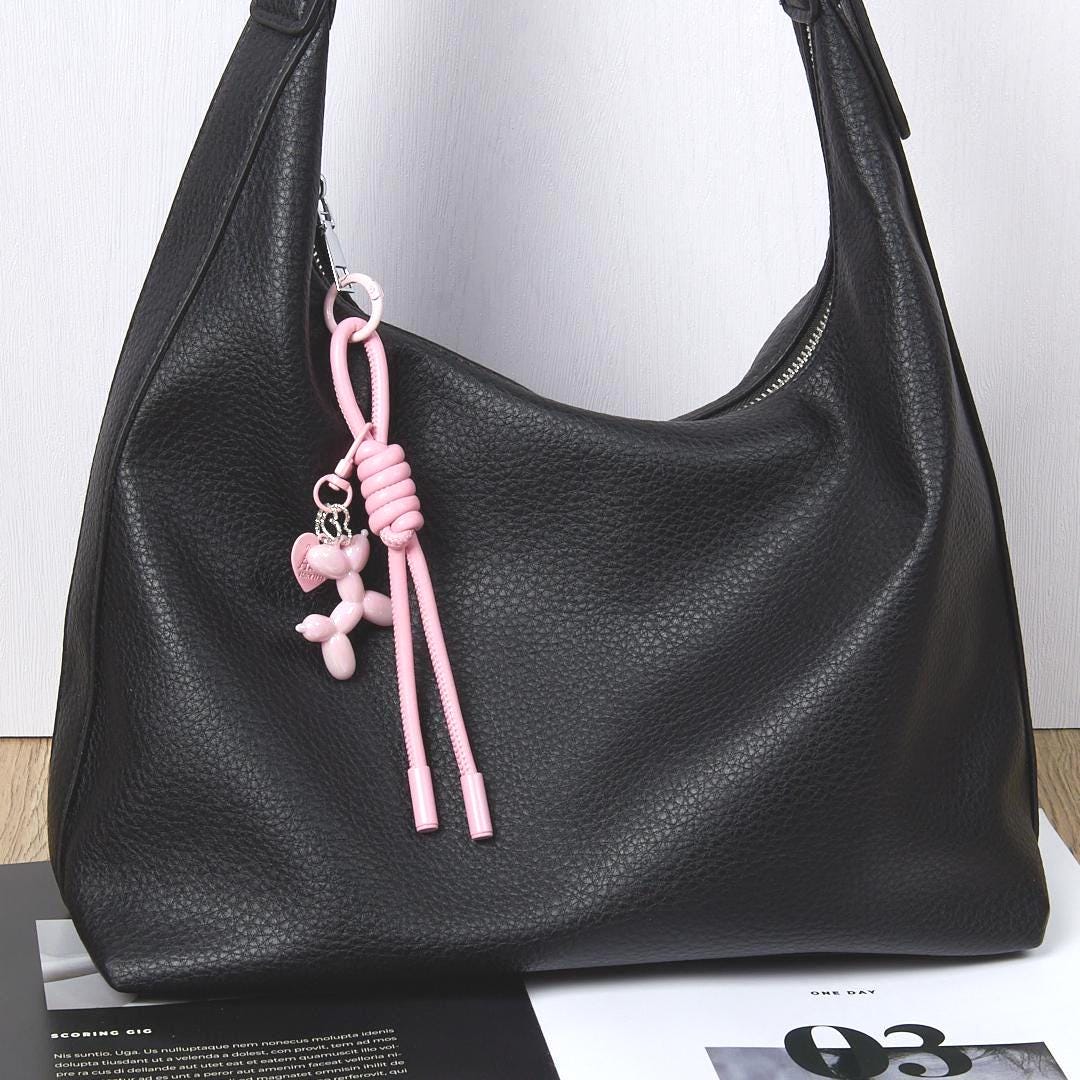 Balloon Dog Keychain, Leather Rope Bag Charm - Purse Accessory