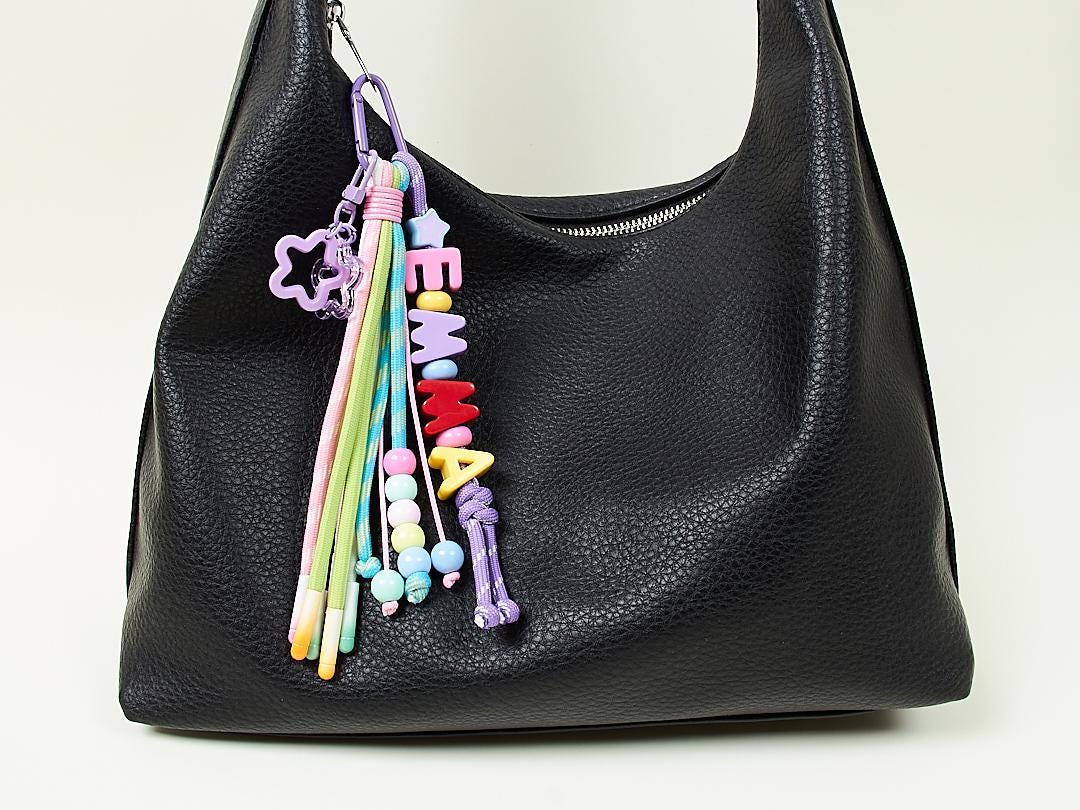 Custom Name Bag Charm, Colorful Acrylic Letter & Rope, Diaper Bag Accessory