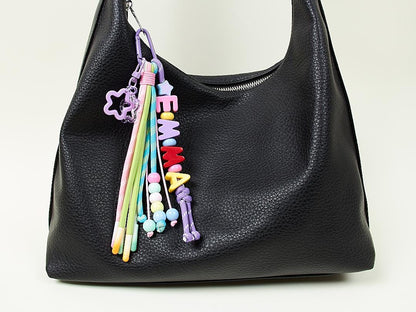 Custom Name Bag Charm, Colorful Acrylic Letter & Rope, Diaper Bag Accessory
