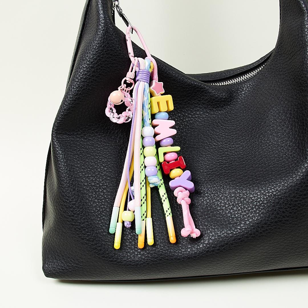 Custom Name Bag Charm, Colorful Acrylic Letter & Rope, Diaper Bag Accessory