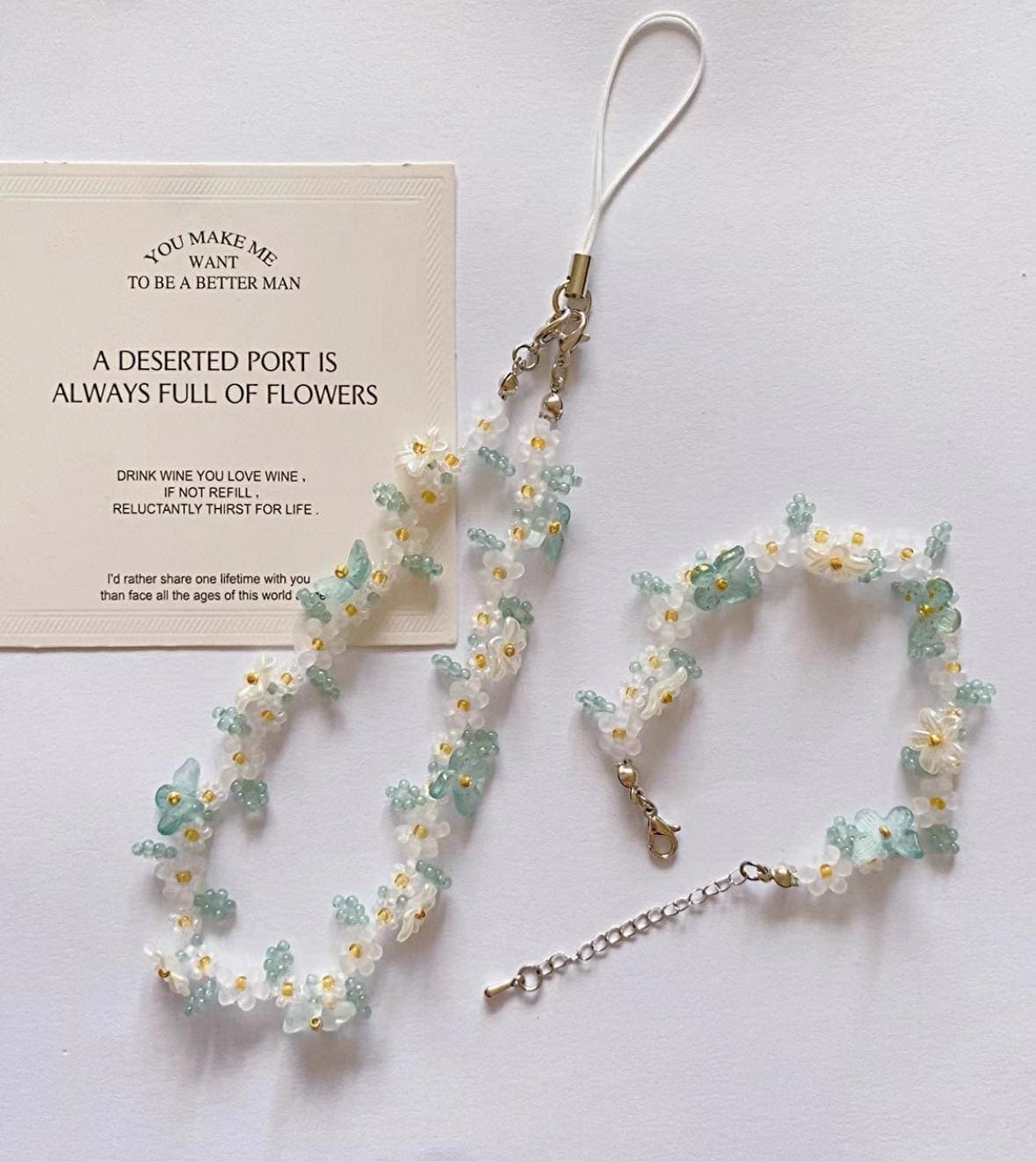 Handmade Jasmine Green Butterfly Pearl Phone Strap: Beaded Flower Bracelet
