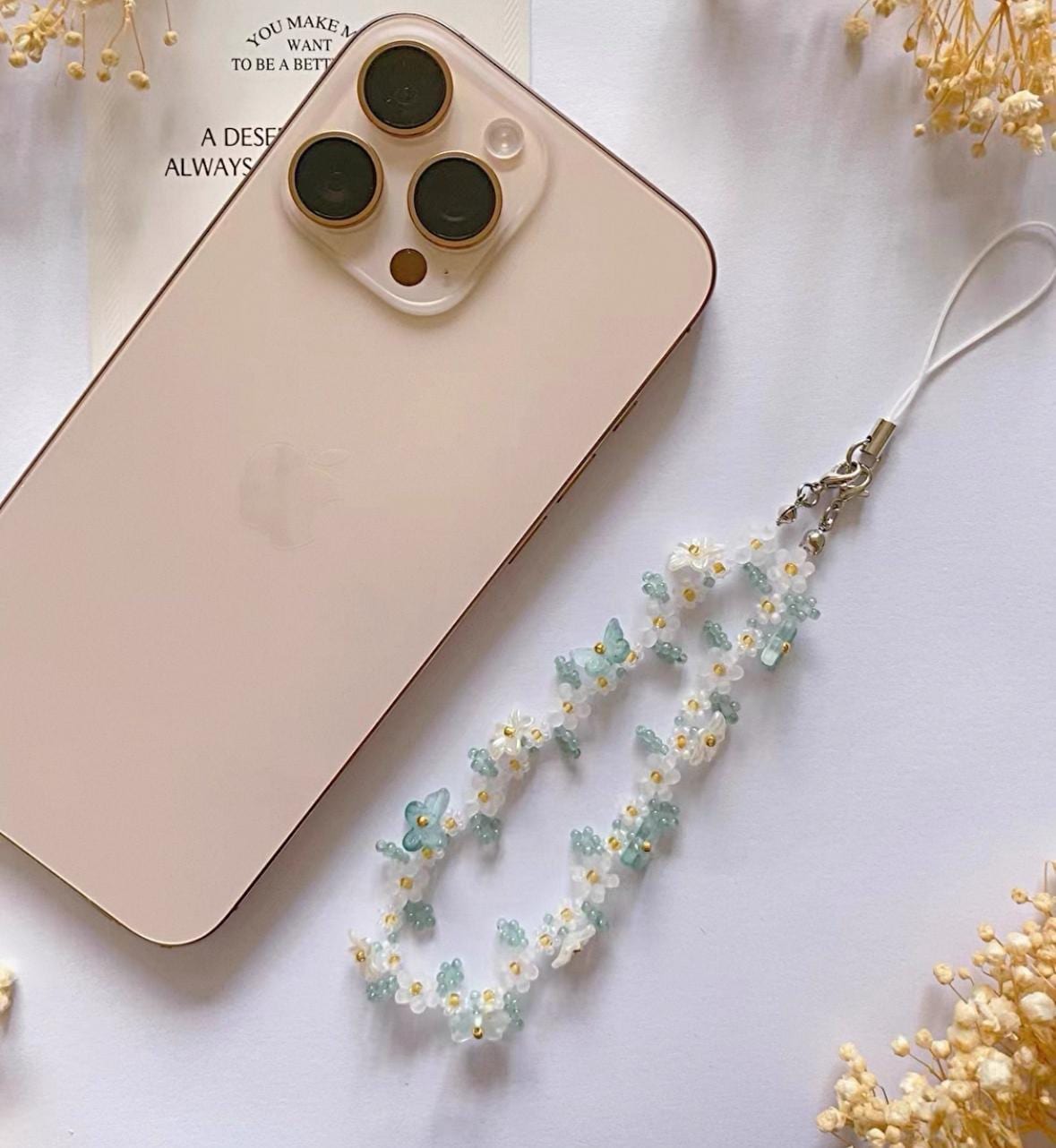 Handmade Jasmine Green Butterfly Pearl Phone Strap: Beaded Flower Bracelet