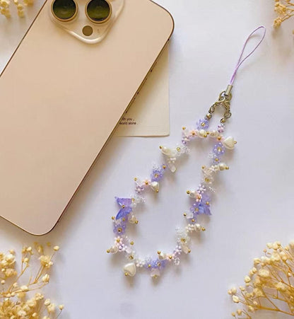 Handmade Pearl Beaded Phone Strap: Purple Butterfly Charm