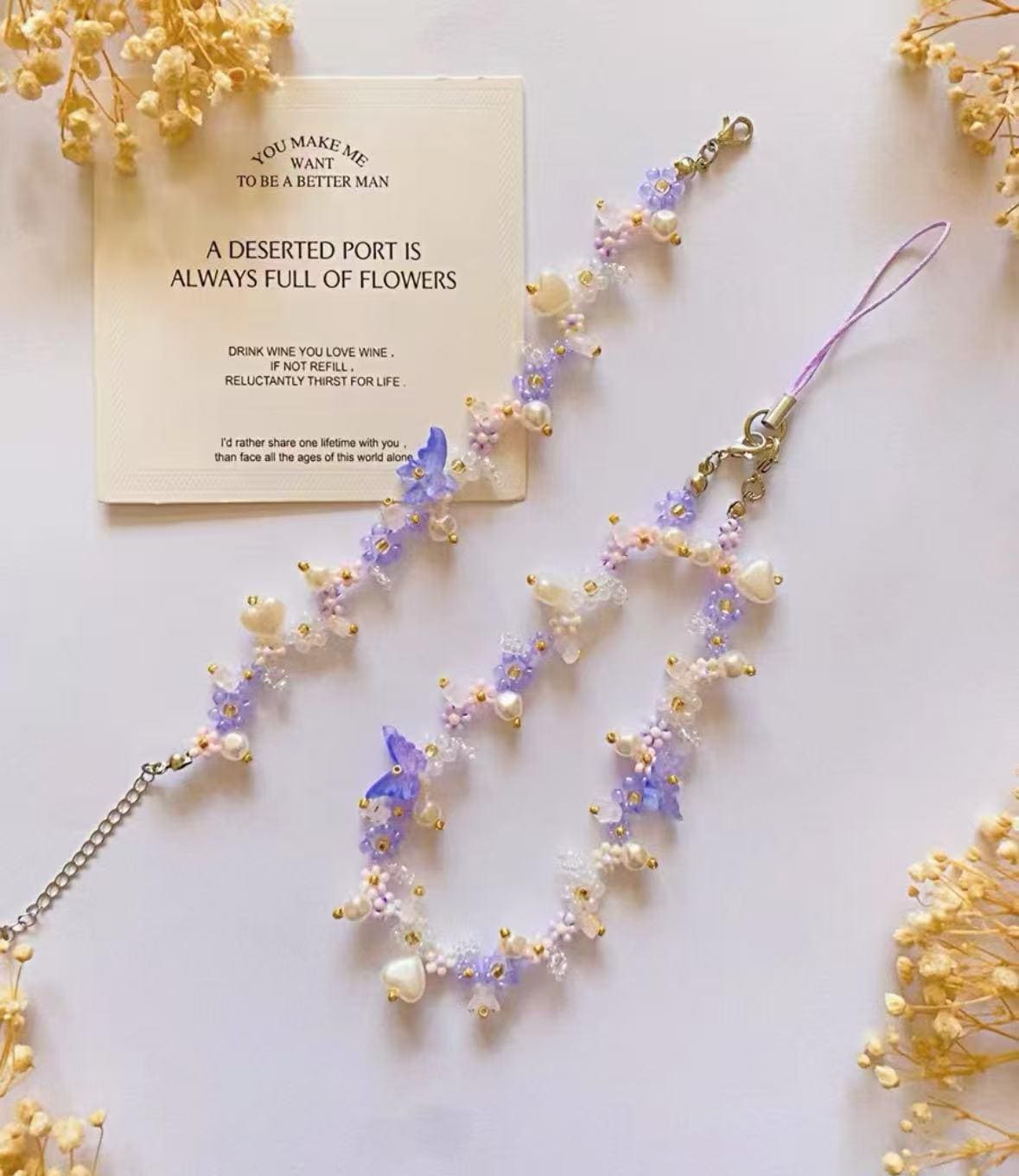 Handmade Pearl Beaded Phone Strap: Purple Butterfly Charm