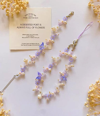 Handmade Pearl Beaded Phone Strap: Purple Butterfly Charm