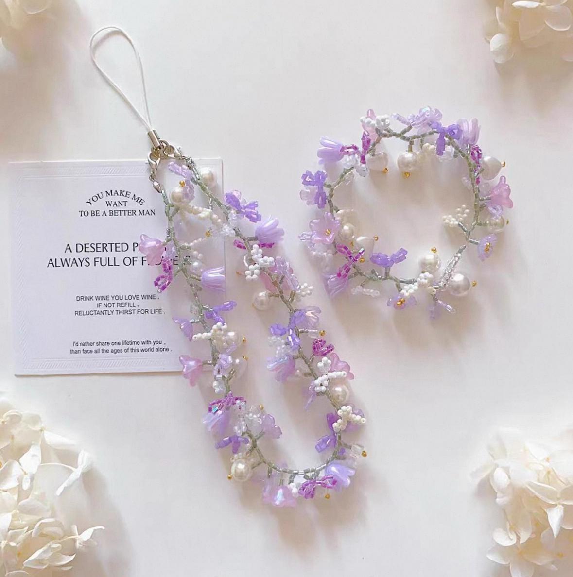 Lavender Seed Bead Phone Strap Bracelet: Handmade Floral Jewelry