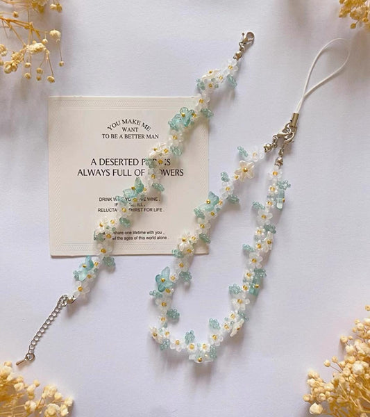 Handmade Jasmine Green Butterfly Pearl Phone Strap: Beaded Flower Bracelet