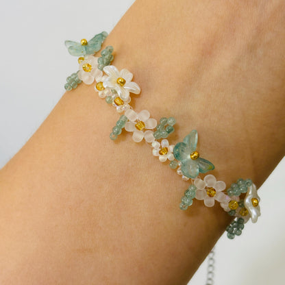Handmade Jasmine Green Butterfly Pearl Phone Strap: Beaded Flower Bracelet