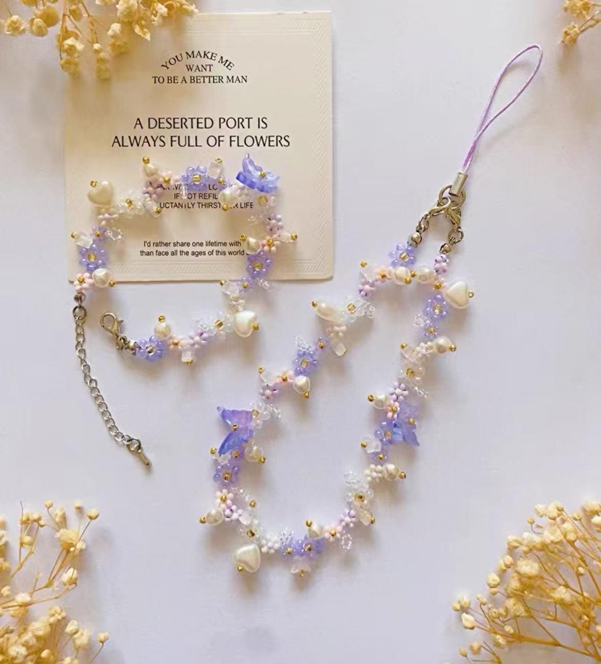Handmade Pearl Beaded Phone Strap: Purple Butterfly Charm