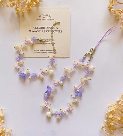 Handmade Pearl Beaded Phone Strap: Purple Butterfly Charm