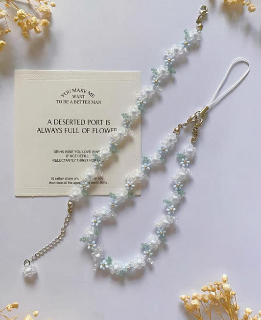 Light Blue Beaded Flower Phone Strap: Handmade Seed Bead Charm