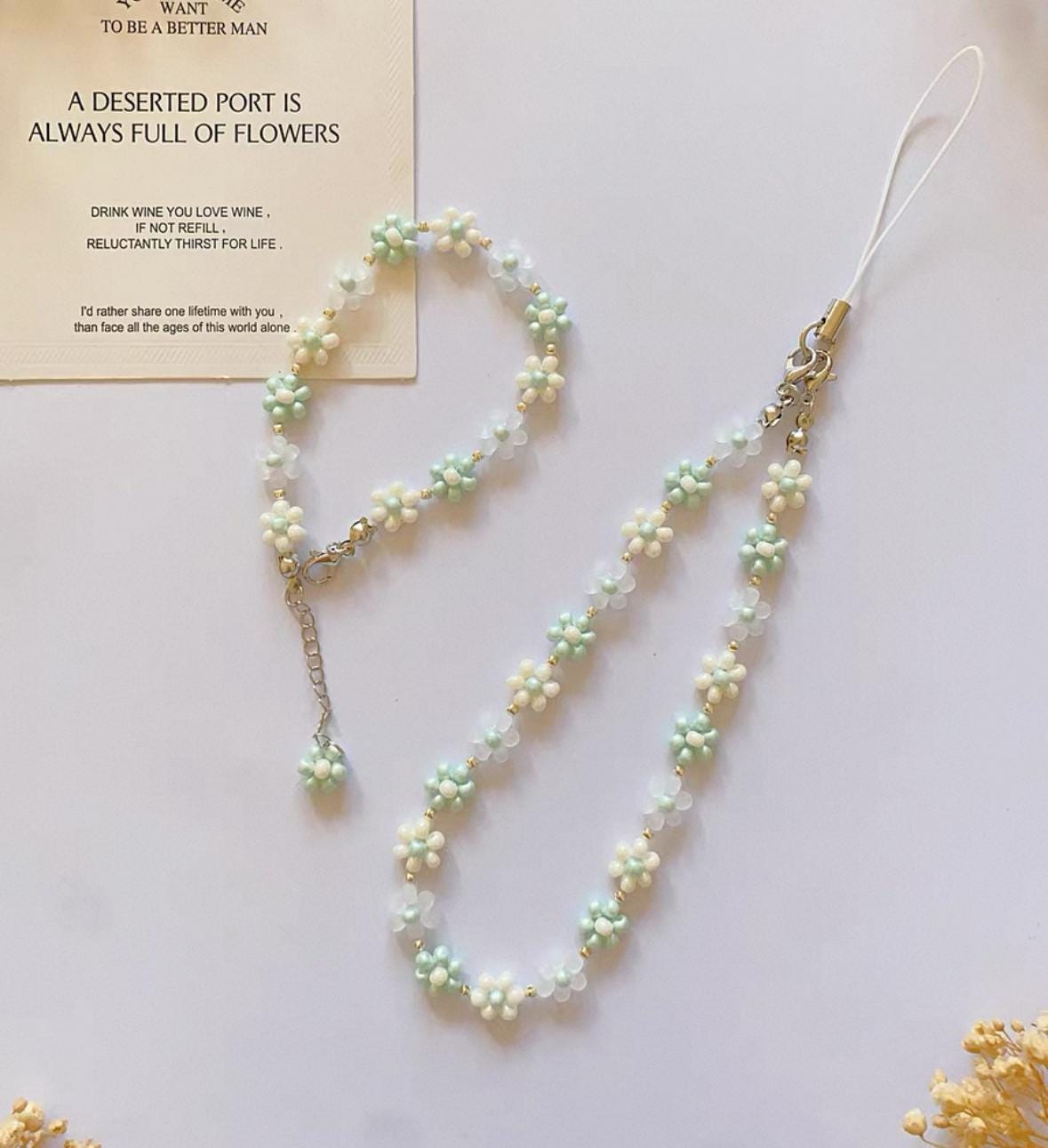 Jasmine Milk Green Beaded Phone Strap: Boho Pearl Charm
