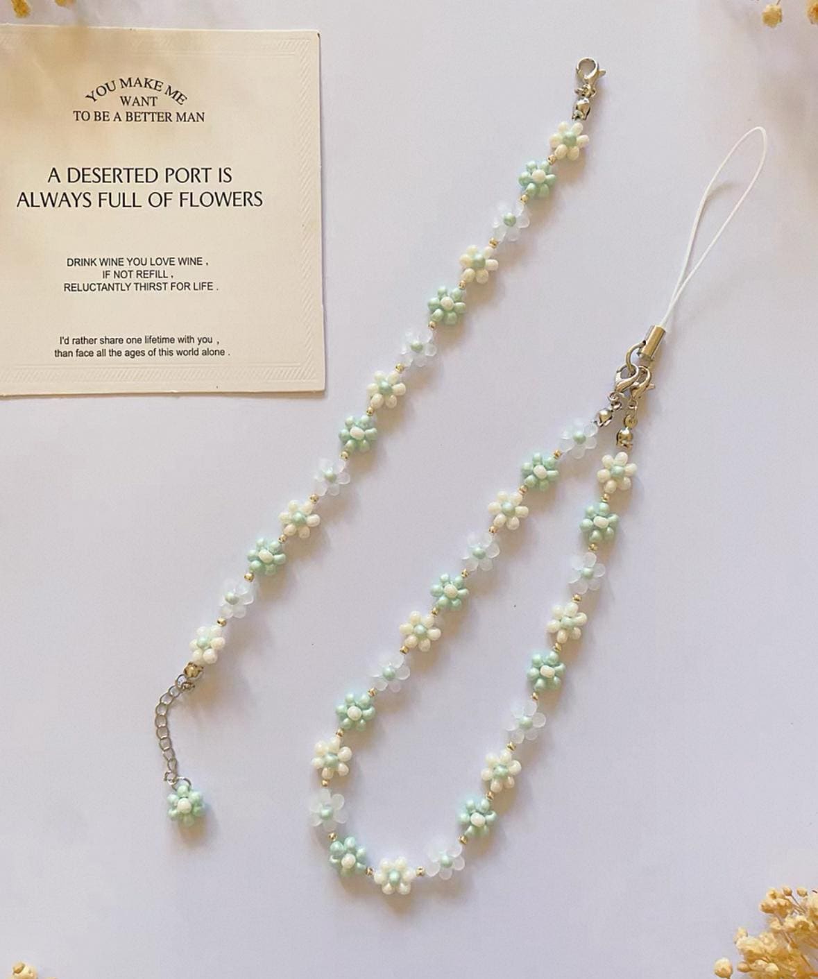 Jasmine Milk Green Beaded Phone Strap: Boho Pearl Charm