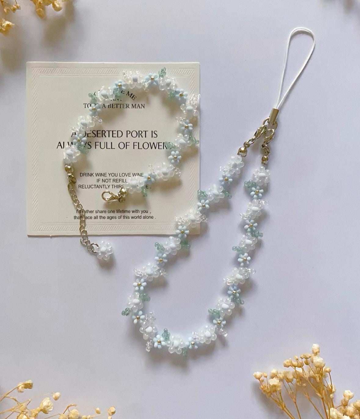 Light Blue Beaded Flower Phone Strap: Handmade Seed Bead Charm