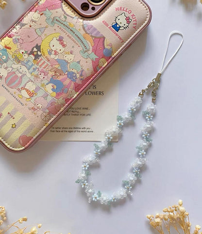 Light Blue Beaded Flower Phone Strap: Handmade Seed Bead Charm