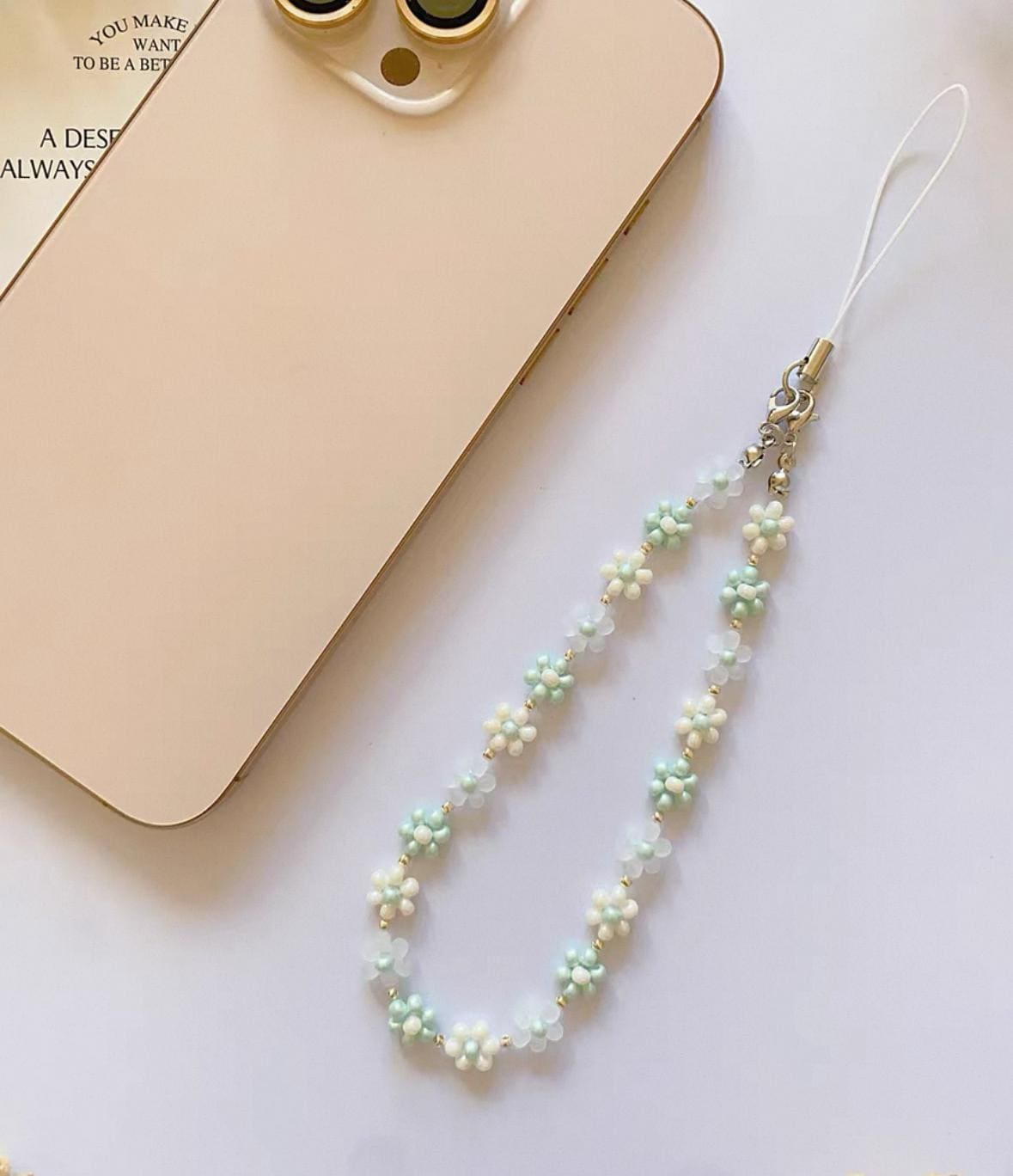 Jasmine Milk Green Beaded Phone Strap: Boho Pearl Charm