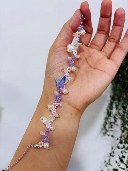 Handmade Pearl Beaded Phone Strap: Purple Butterfly Charm