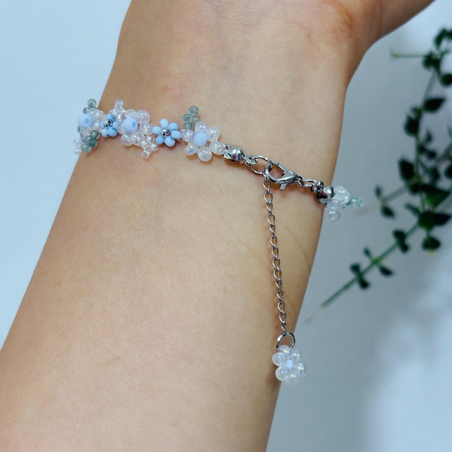 Light Blue Beaded Flower Phone Strap: Handmade Seed Bead Charm