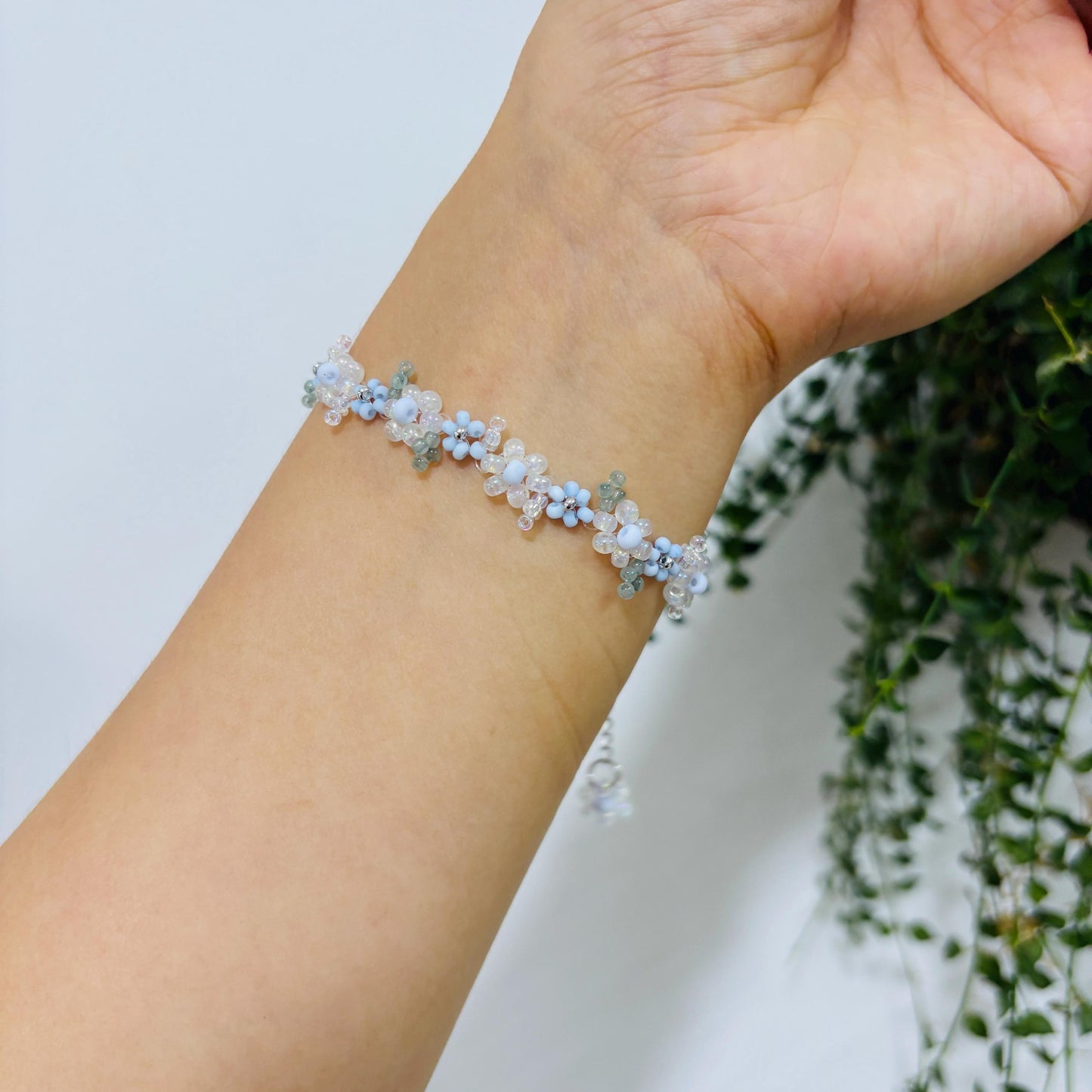 Light Blue Beaded Flower Phone Strap: Handmade Seed Bead Charm