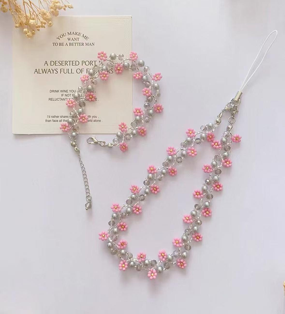 Winter Red Plum Blossom Phone Strap, Pink Beaded Bracelet Set, Gift for Her