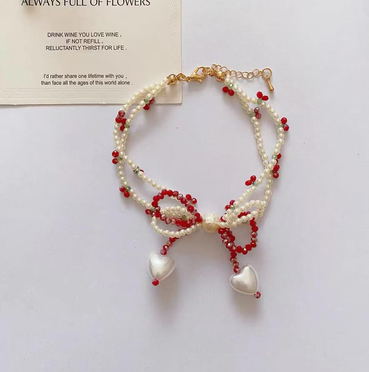 Cherry and Bow Bracelet, Beaded Bracelet, Beaded Necklace, Gift for Her, Friendship Jewelry