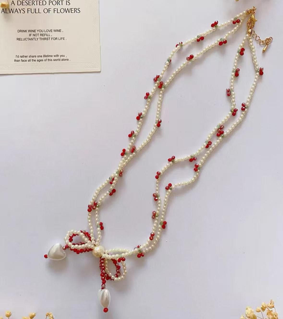 Cherry and Bow Bracelet, Beaded Bracelet, Beaded Necklace, Gift for Her, Friendship Jewelry