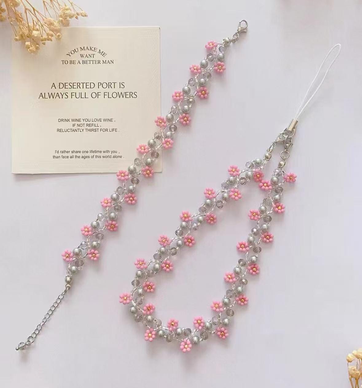 Winter Red Plum Blossom Phone Strap, Pink Beaded Bracelet Set, Gift for Her