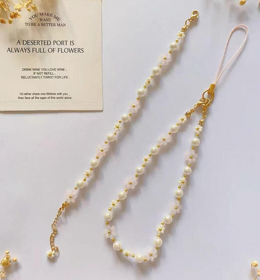 Daisy and Pearl Phone Strap, White Beaded Bracelet, Gift for Her, Friendship Bracelet