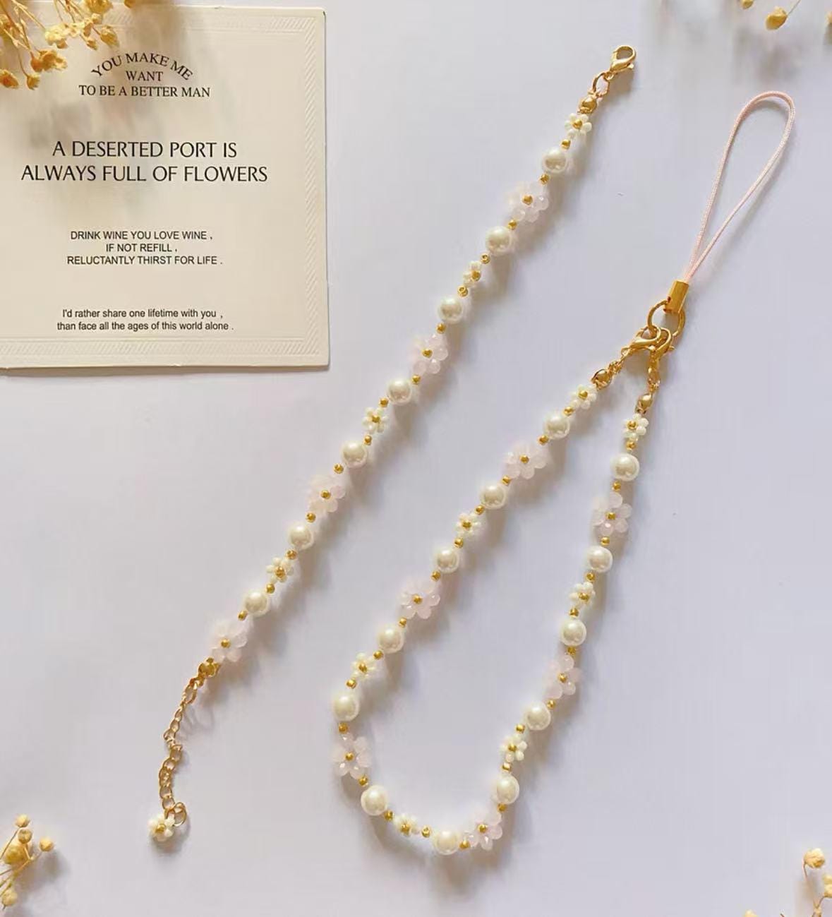 Daisy and Pearl Phone Strap, White Beaded Bracelet, Gift for Her, Friendship Bracelet