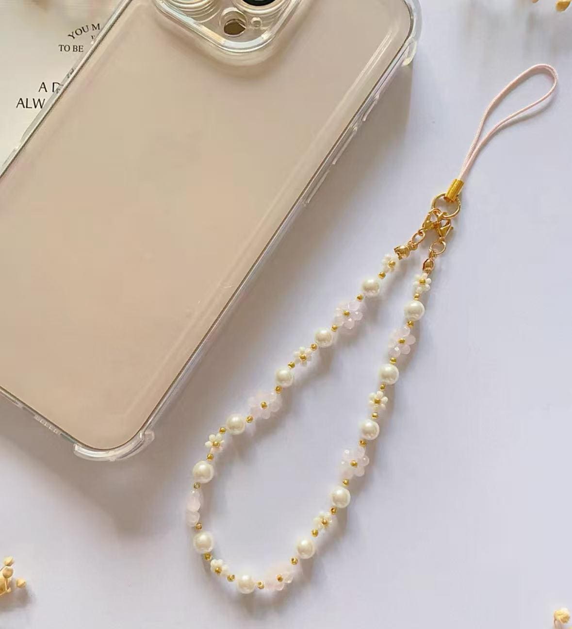 Daisy and Pearl Phone Strap, White Beaded Bracelet, Gift for Her, Friendship Bracelet