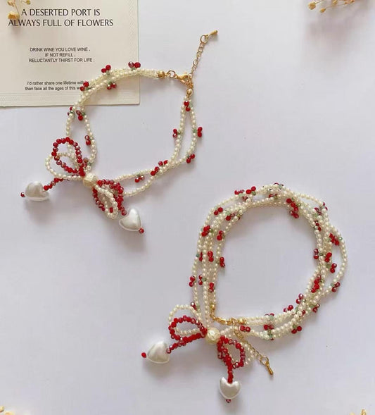 Cherry and Bow Bracelet, Beaded Bracelet, Beaded Necklace, Gift for Her, Friendship Jewelry