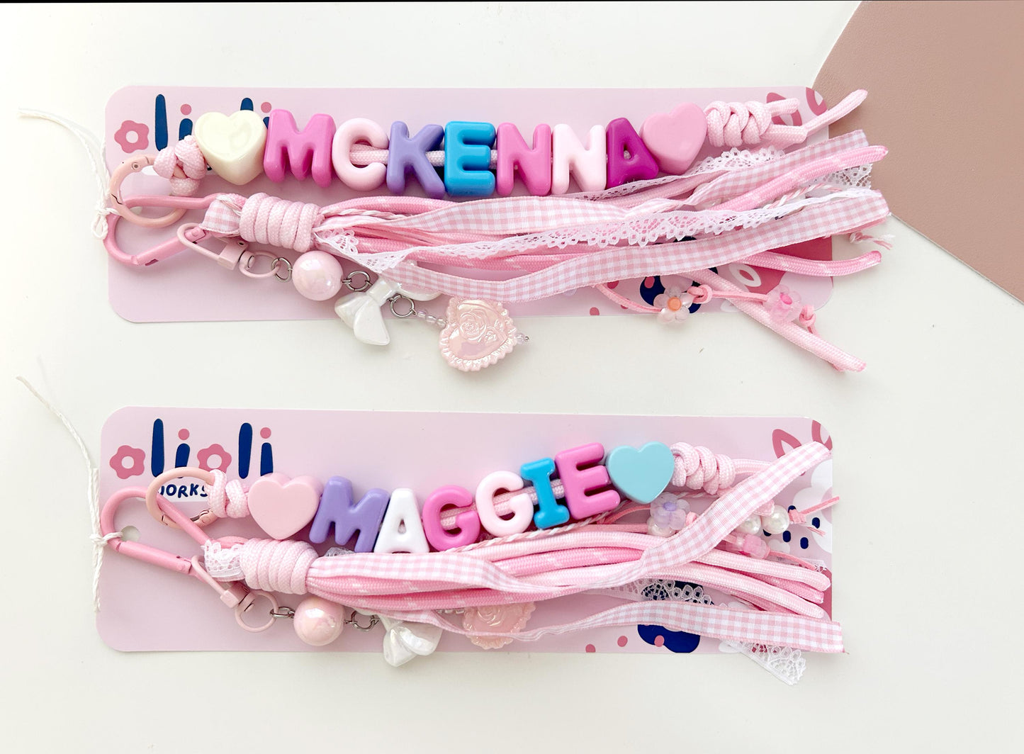 Personalized Name keychain Pink Heart Ribbon Girl Gift