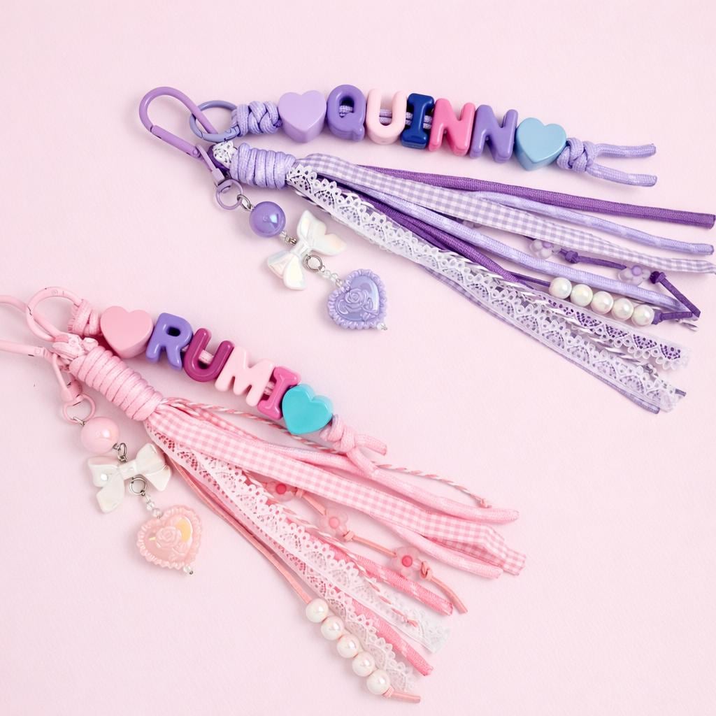 Personalized Name keychain Pink Heart Ribbon Girl Gift