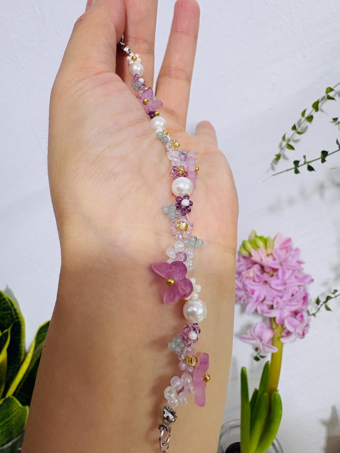 Beaded butterfly phone strap, Beaded flower bracelet, Purple jewelry, Handmade gift for her