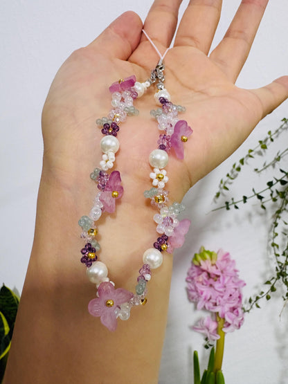 Beaded butterfly phone strap, Beaded flower bracelet, Purple jewelry, Handmade gift for her
