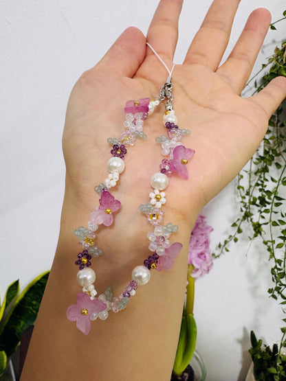Beaded butterfly phone strap, Beaded flower bracelet, Purple jewelry, Handmade gift for her