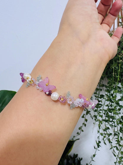 Beaded butterfly phone strap, Beaded flower bracelet, Purple jewelry, Handmade gift for her