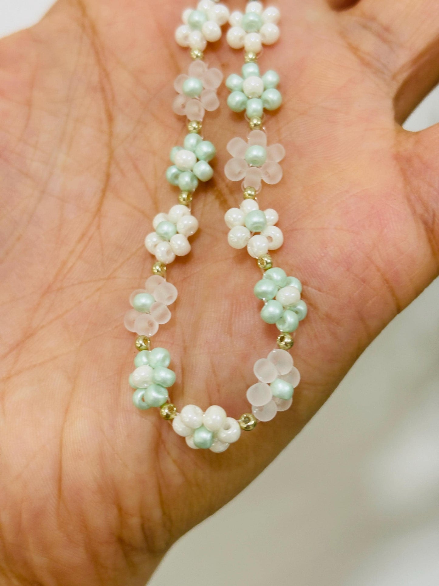 Jasmine Milk Green Beaded Phone Strap: Boho Pearl Charm